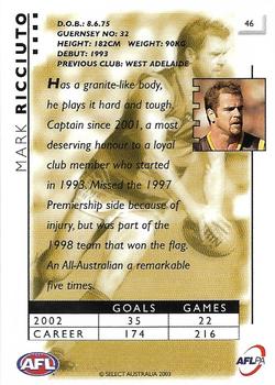 2003 Select XL AFL #46 Mark Ricciuto Back